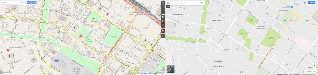 Figure 1. Differences in Ashgabat, Turkmenistan between OSM (left) and Google Maps (right) (screenshots from OSM and Google Maps)