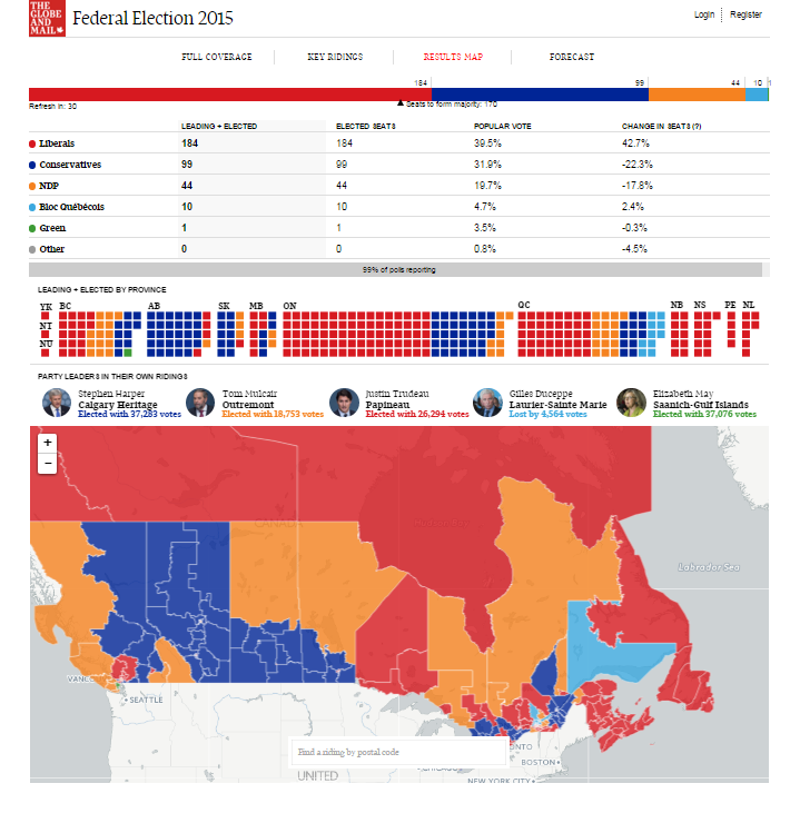 Screenshot of Globe and Mail election results map